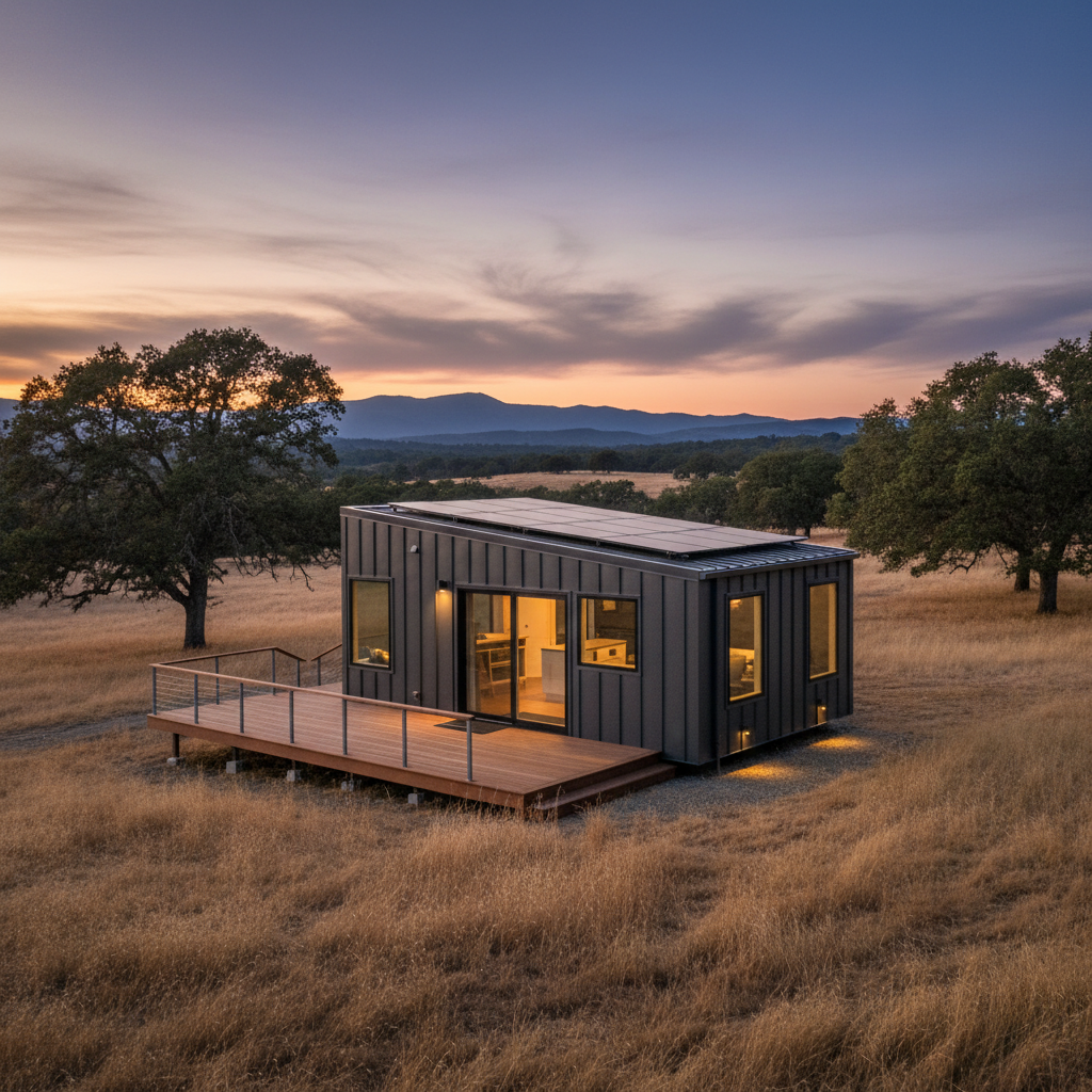 TerraPod éclairée le soir dans un paysage rural